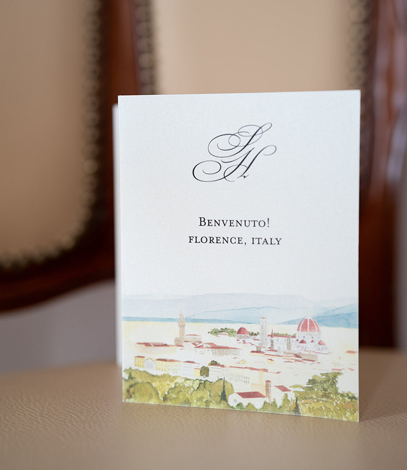 welcome letter with custom watercolor of Florence Italy skyline for destination wedding by lucky onion stationery