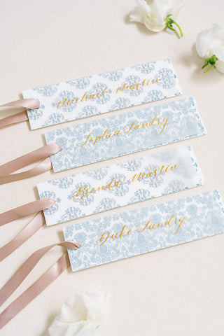 french blue patterned romantic vintage place cards with calligraphy