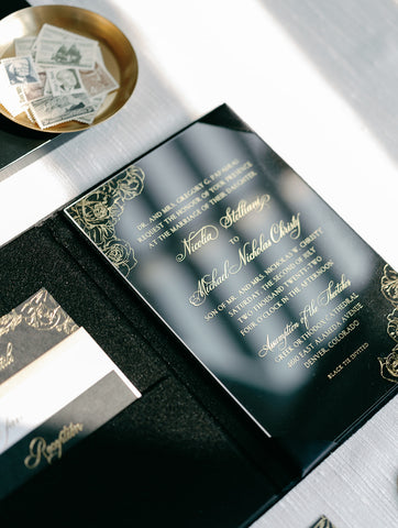 Clear Acrylic Invite with Gold Foil for Black Tie Wedding