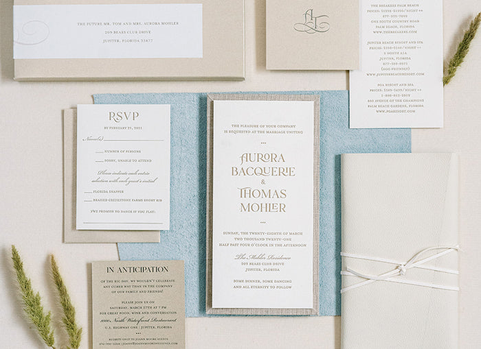 unique luxury classy modern palm beach wedding invitation letterpress and leather by lucky onion stationery