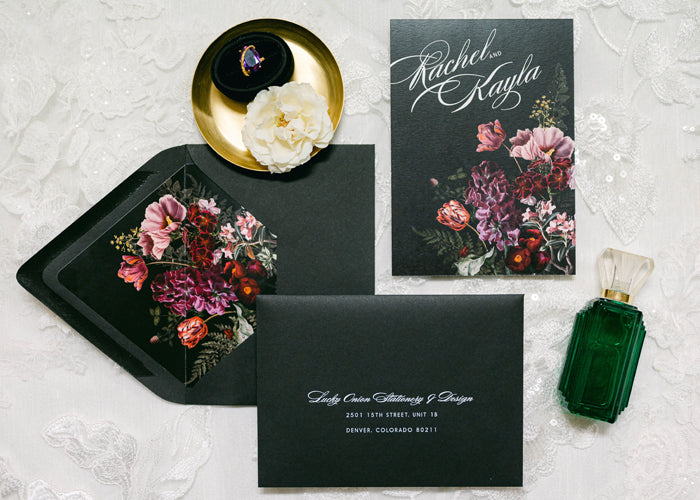 moody florals envelope liner by lucky onion stationery photo by jacie marguerite