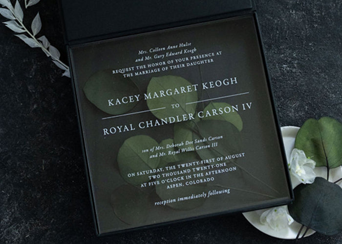 unique clear acrylic moody wedding invites with real aspen leaf by lucky onion stationery photo by jose villa