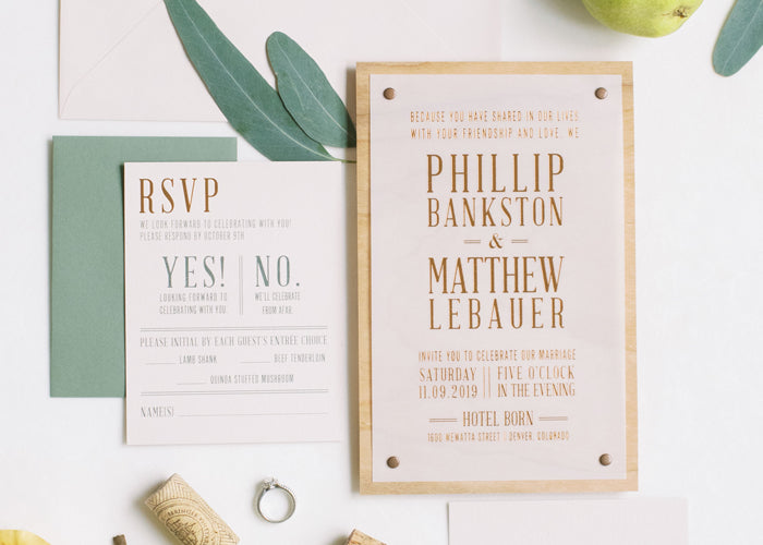 unique wood and rivet materials for wedding invitation inspired by venue by lucky onion