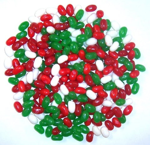 Scott's Cakes 2 lb. Red Bell Cookies & Christmas Mix Jelly Beans Christmas Basket with White Krinkle and Decorative Bow