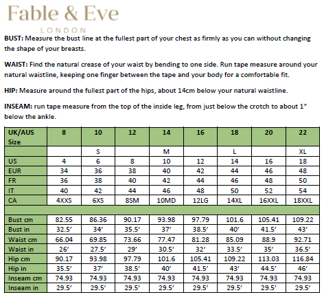Fable and Eve Size Chart– Lin & Barrett Lingerie
