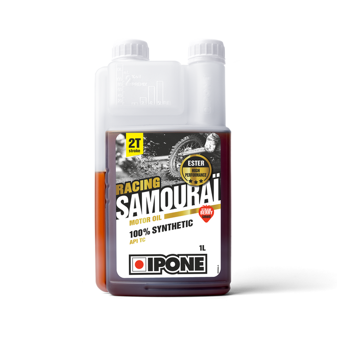 Bidon doseur 1L SAMOURAI RACING FRAISE huile moteur parfumée pour motos 2 temps ipone