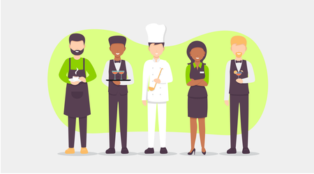 An illustration of five restaurant workers