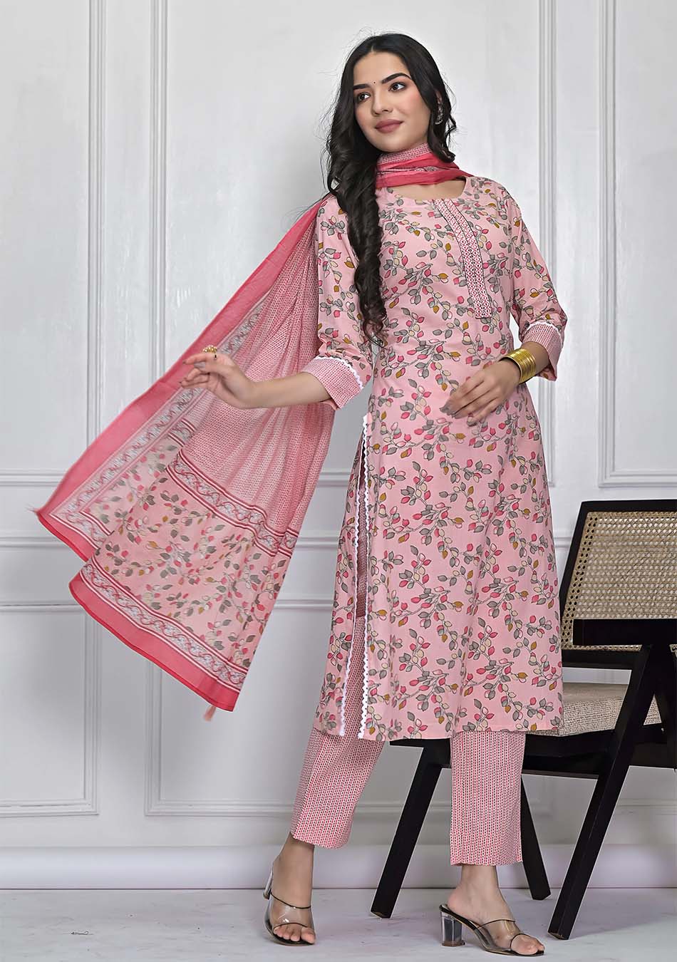 Baby Pink Floral Kurta Pant Set with Dupatta