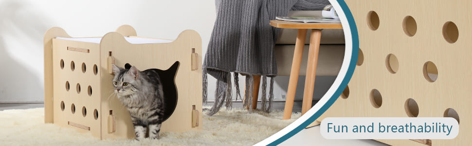 Maison pour chat en bois épais, porte d'intérieur en forme de chat-03