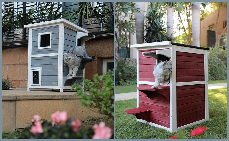 Petsfit 2-Story Weatherproof Outdoor Cat House With Escape Door