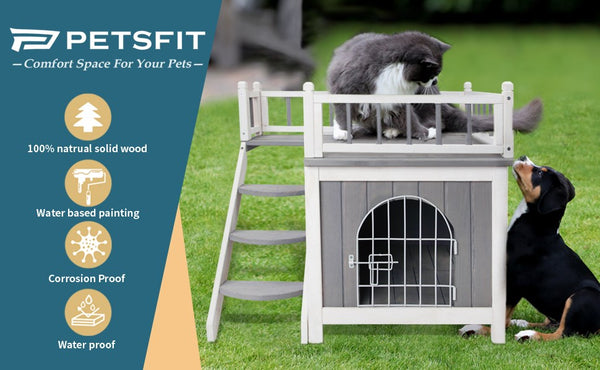Petsfit 2-Level Indoor and Outdoor Wooden Cat House with Escape Door and Balcony - Ideal for 1-2 Cats
