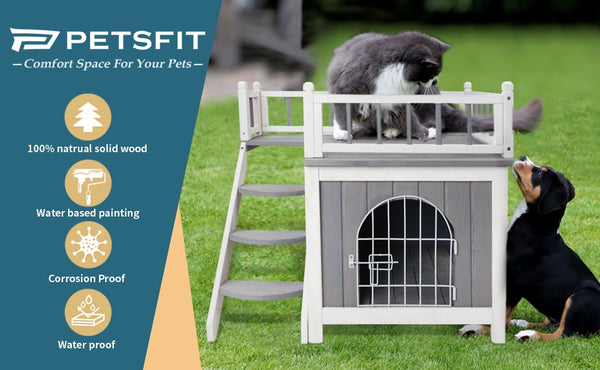 Petsfit 2-stöckiges Katzenhaus aus Holz für den Innen- und Außenbereich mit Fluchttür und Balkon – ideal für 1–2 Katzen