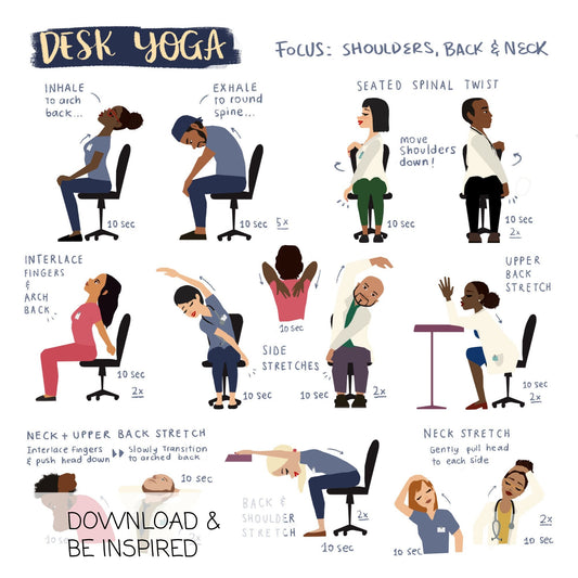 Desk Yoga Focus on Shoulders, Back, and Neck Chair Yoga Office Yoga Yoga  Poses Work From Home Yoga 8x8 In, 8.5x11 In, 16x16 In 