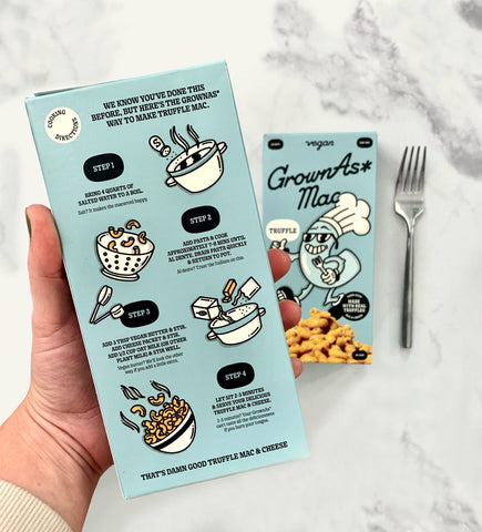 GrownAs* Foods, The truffle vegan mac and cheese preparation, front and back packaging.