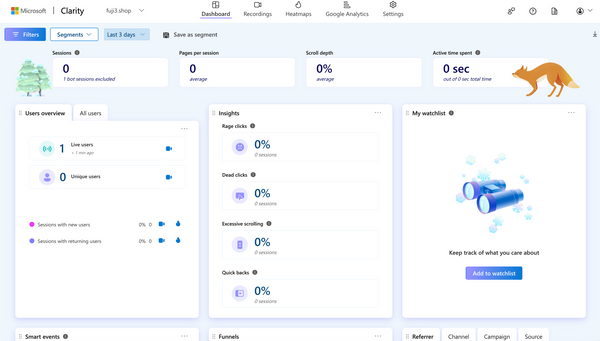 Microsoft ClarityのDashboardにデータが表示されてたら無事に設定できています。