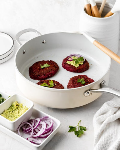 Beetroot and lentil patties in the Cosmo Pan served without bread for a delicious gluten-free dinner.