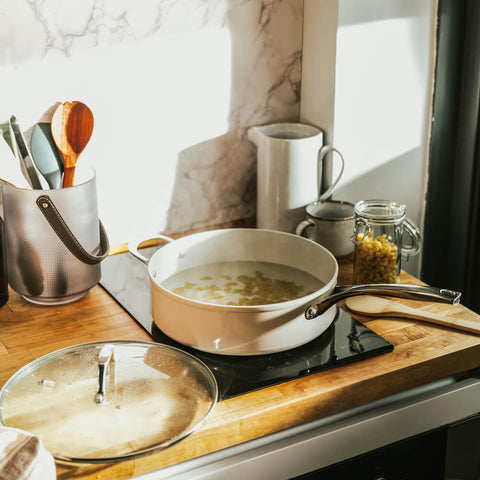 Cook pasta in the Cosmo Pan to make this Green Goddess Pasta a one-pan wonder.