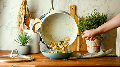 Ceramic cookware's non-stick properties allow for easy food release.