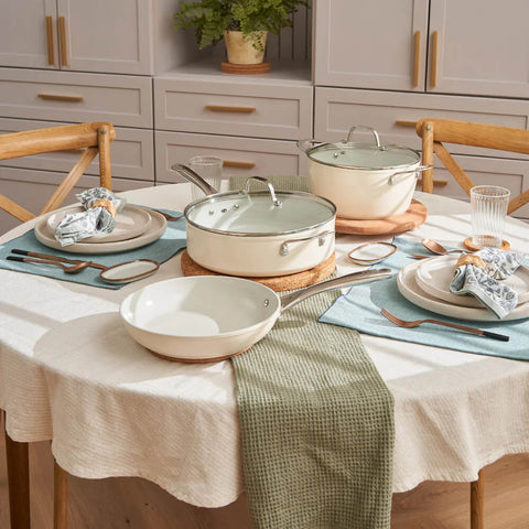 Matching dinnerware and cookware from Cosmic Cookware.