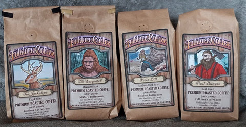 Folklore Coffee LLC, The Main Roasts, left to right: Jackalope, Sasquatch, Pecos Bill, and Paul Bunyan.