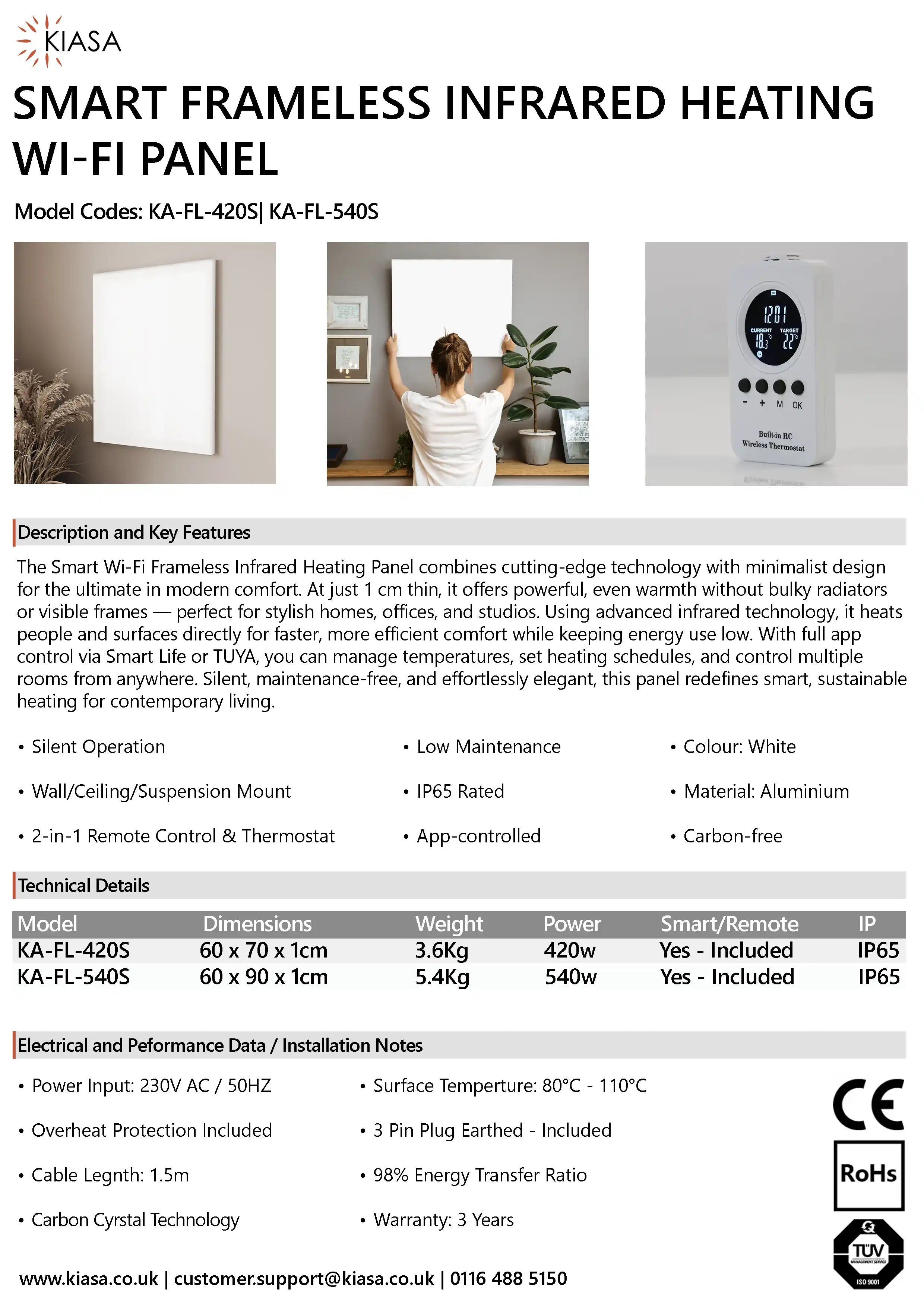 Kiasa Frameless Smart Wi-Fi Infrared Panel Specification Sheet