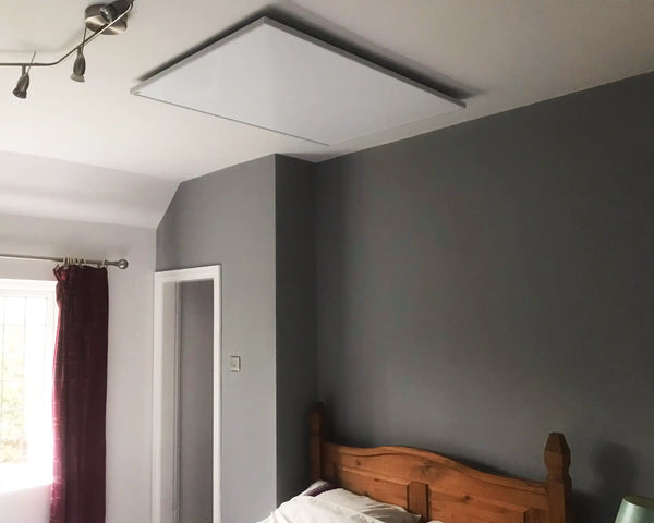 Ceiling mounted IR heating panel in a bedroom