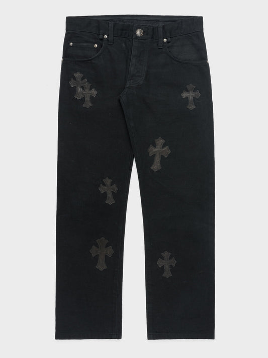 CHROME HEARTS LIGHT BLUE DENIM JEANS IN BLACK LEATHER CROSS PATCH