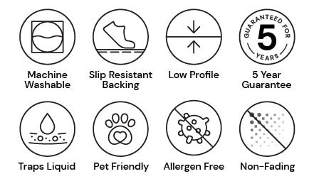 Icons, machine wash, slip resistant, low profile, 5 years, traps liquid, pet friendly, allergen free, non-fading