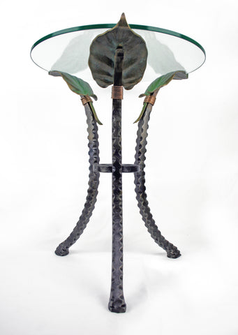 forged steel table with bronze hosta leaves