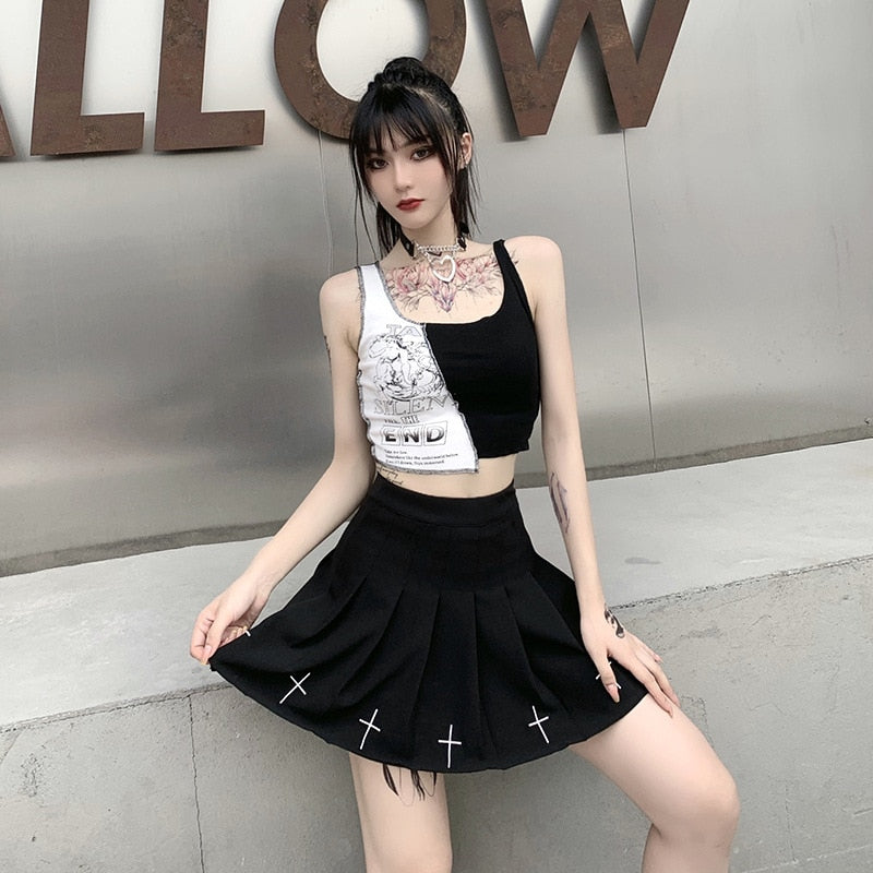 Punk Style Patchwork Tank Tops Aesthetic Letter And Graphic Print Women Crop Top Color Blocking Sleeveless Streetwear