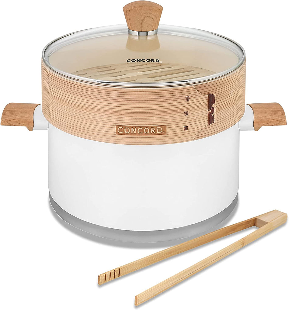 Concord 2 Quart Stainless Steel Yukihira Pan with Steamer Traditional Japanese Saucepan with Wood Handle Great for Ramen, Tempur