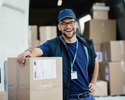 A smiling delivery person.