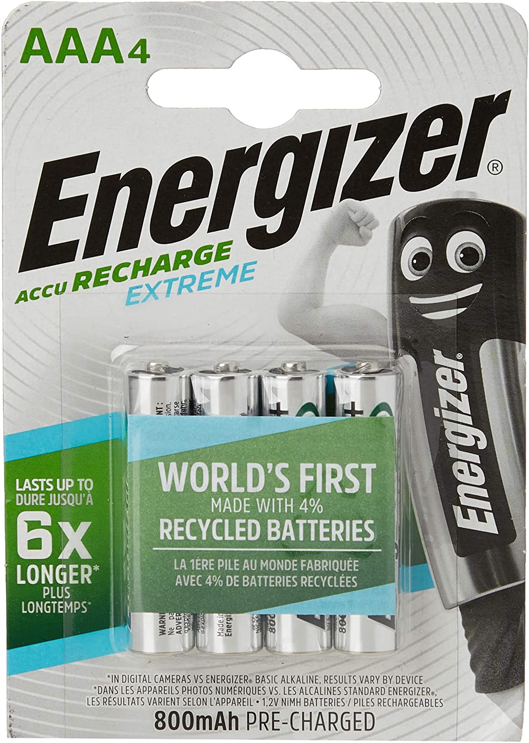 Energizer Accu Recharge 800MAh AAA Extreme 1.2V Batteries, 4 Batteries
