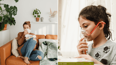 Left image of a lady on her couch with allergies, right image a child with an asthma ventilator reading a book