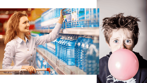image of a woman shopping from a wall of plastic bottles, another image of a child chewing gum with a worried expression on his face