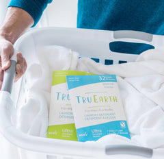 Image of laundry basket with Tru Earth laundry strips in it