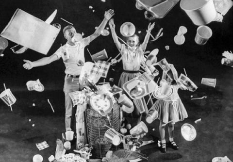 Image showing people throwing single-use plastic into the air, sourced from 1950's Life Magazine advertisement
