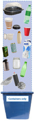 Vertical Image of accepted recyclable materials above a blue bin