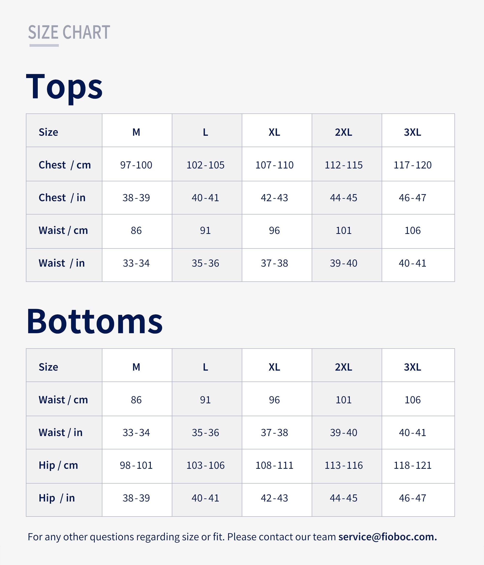 2022 Product Size Chart