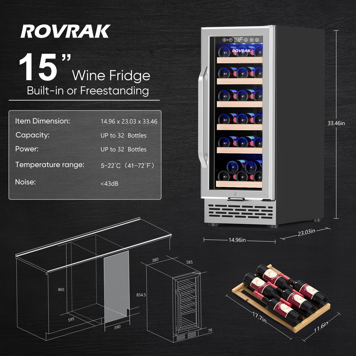 32 Bottles, 15 inch Built-in or Freestanding Wine Cooler Refrigerator#N# â ROVRAk
