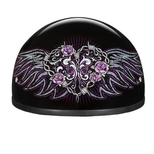 Skull Cap Motorcycle Helmet - Purple Rose Graphic D6-PR - Open Road Leather  & Accessories