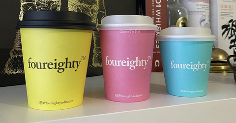 Our new foureighty cups, made from plants so that they can break down organically. Totally sustainable.