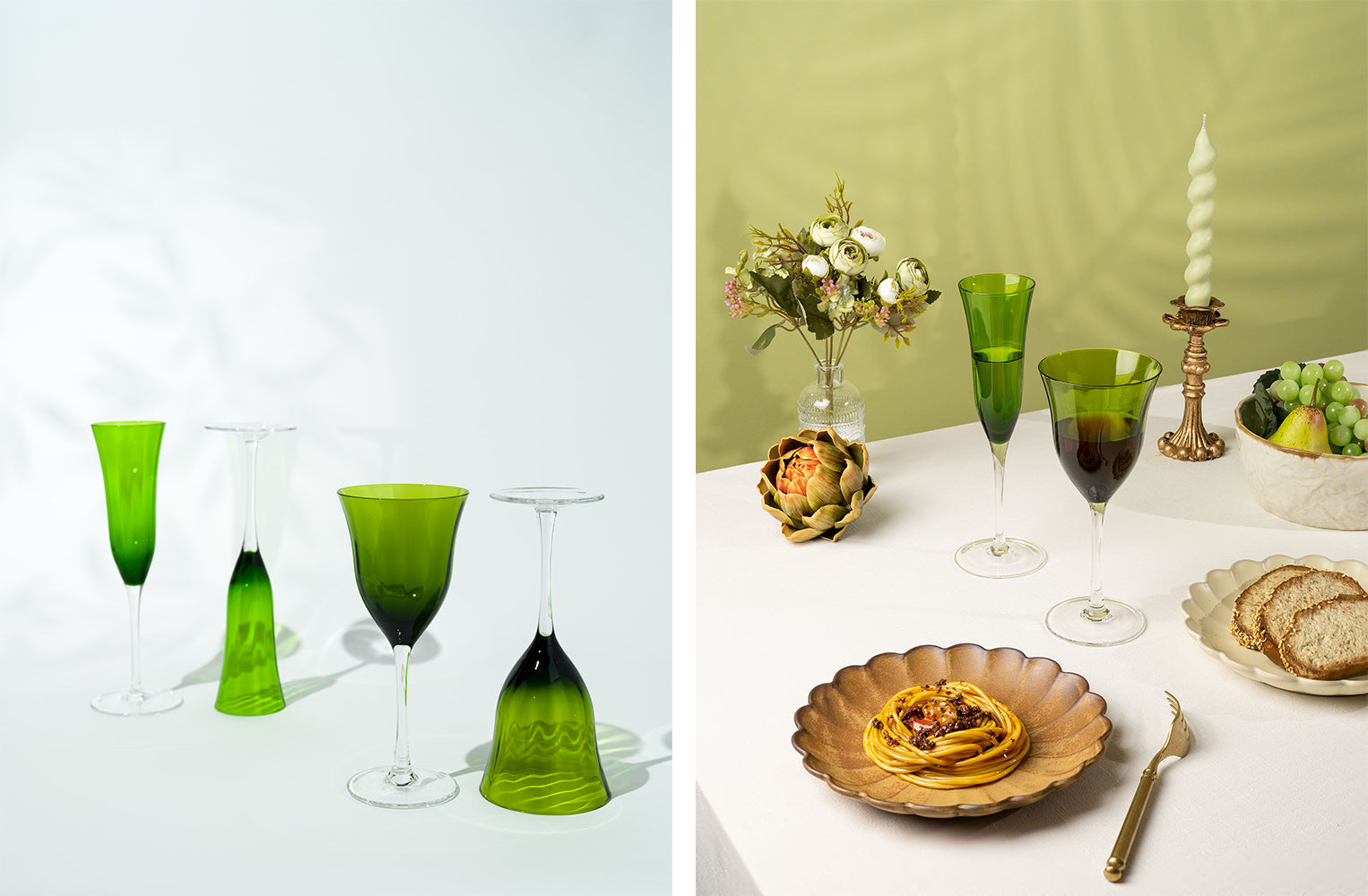 Emerald Wine Glass and Champagne glasses