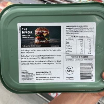 Naturli - Pea Based Burger Patties - Nutritional Panel