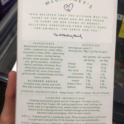 McCartney's Vegetarian Mozzarella Burger Patties Nutritional Panel