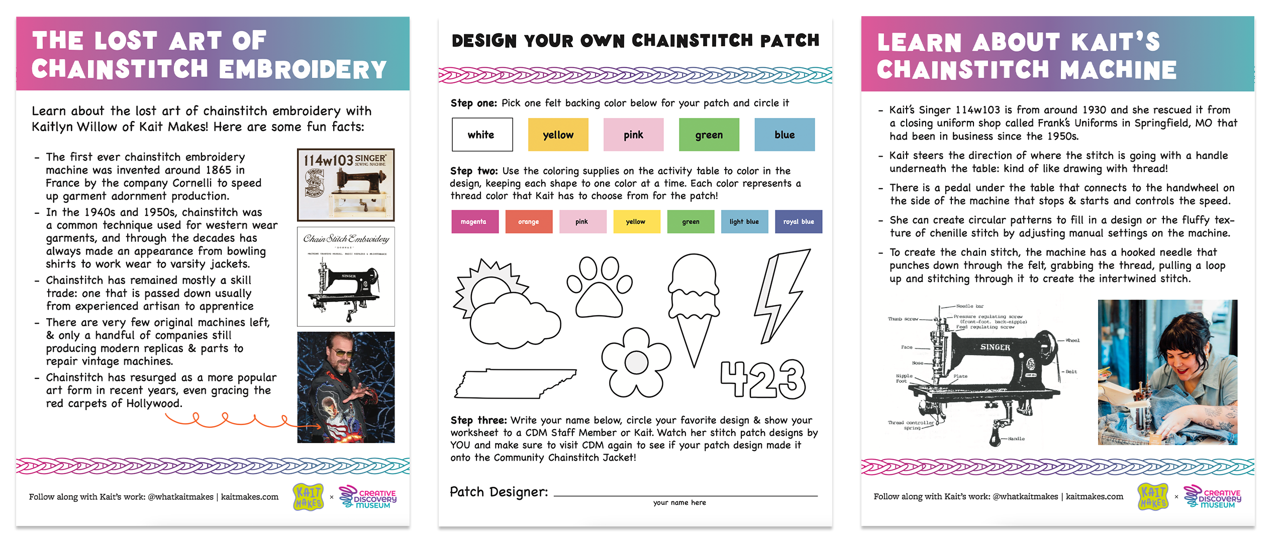 Creative Discovery Museum Chainstitch patch design sheets history of chainstitch and how kait's machine works