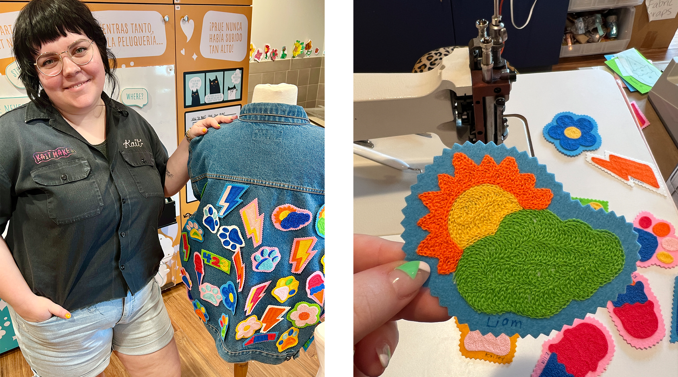 Kaitlyn Willow standing next to the Creative Discovery Museum Community chainstitch jacket with colorful patch designs covering the back with a close up photo of a sun behind a cloud patch in green orange and yellow thread