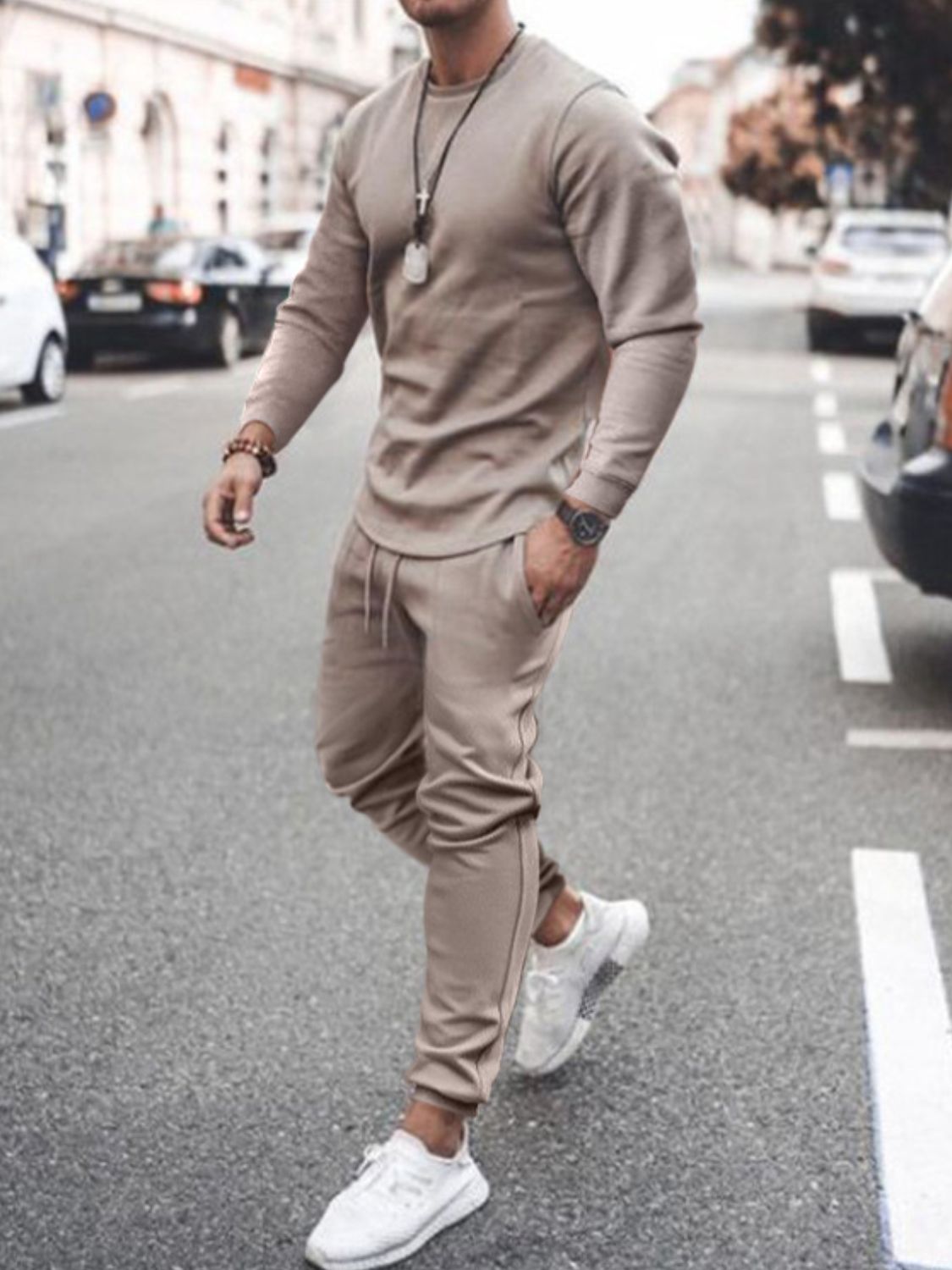 Men's Full Size Round Neck Long Sleeve Top and Pants Set Plus Size