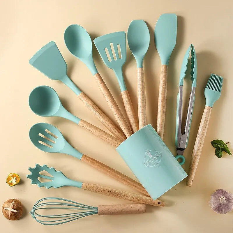 12Pcs Eco-Friendly Silicone Kitchen Utensil Set with Wooden Handles and Storage Bucket - High Temperature Resistant, Non-Stick Cooking Tools