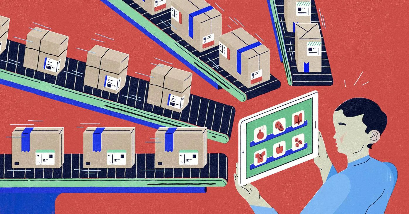 Ilustracja przedstawiająca taśmociągi transportujące produkty w kierunku osoby trzymającej iPada, symbolizująca koncepcję aplikacji do pozyskiwania produktów.